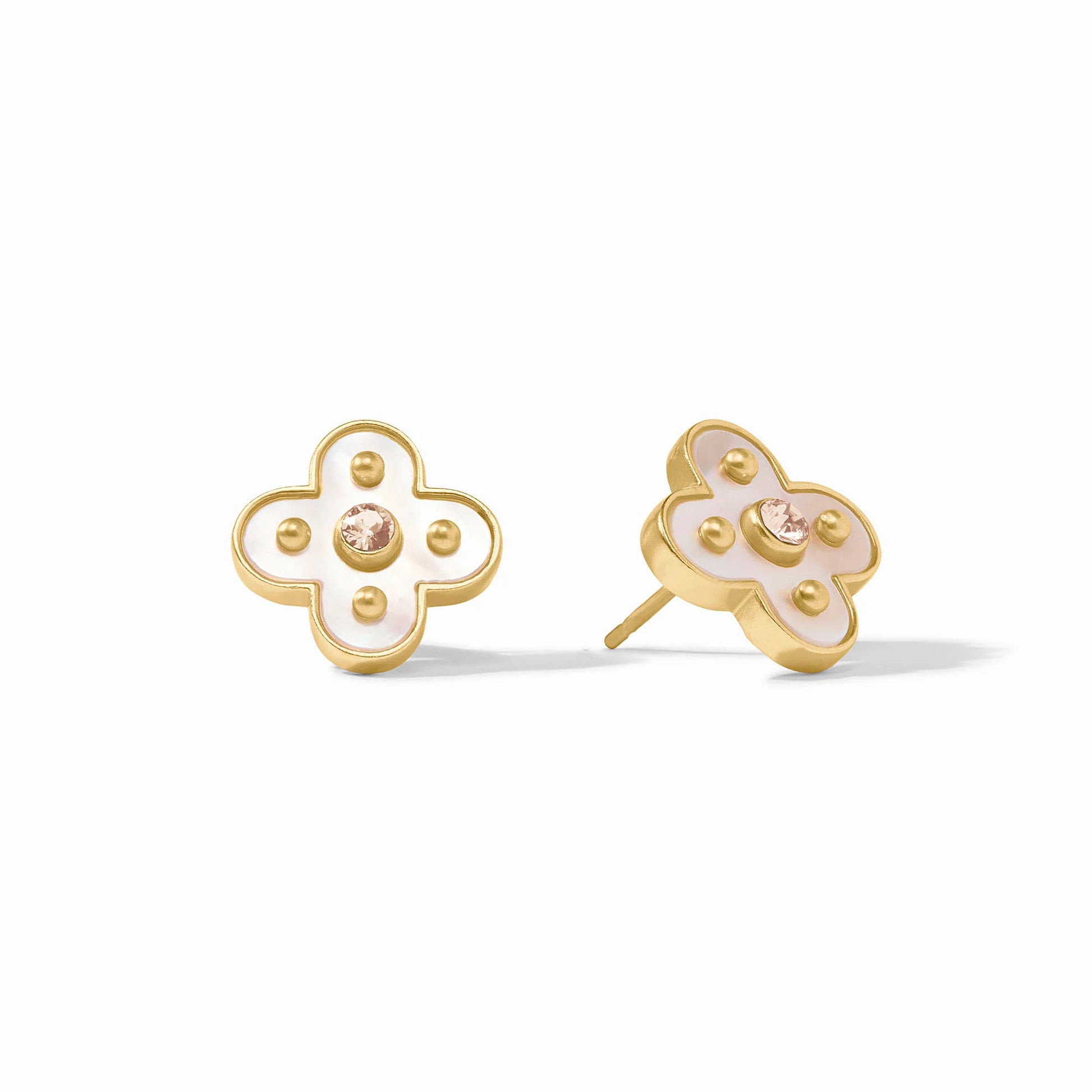 Gold and white clover-shaped earrings with a central pink gemstone, gold dot accents, 24K gold-plated. Sizes: S, M, L.
