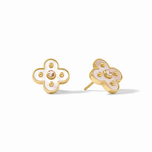 Gold and white clover-shaped earrings with a central pink gemstone, gold dot accents, 24K gold-plated. Sizes: S, M, L.