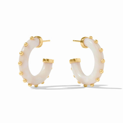 Chunky, curved white acetate hoops with 24K gold plated ball accents. Available in medium size.