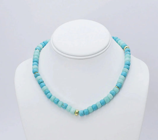 The Ocean Girly Necklace: 16-inch strand with turquoise, light blue, and small gold beads. Available in 16-inch size only.