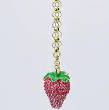 Gold chain necklace with strawberry charm, red and green crystals. Available in 16", 18", and 20" lengths.