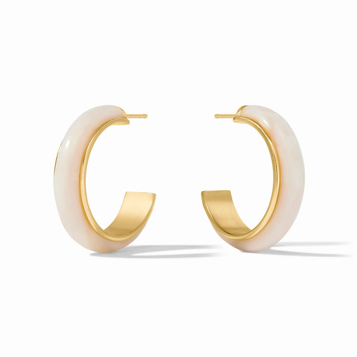 The Carnaby Hoop Colette Alabaster earrings by Julie Vos have a glossy light pink finish, 24K gold plate. Sizes: small, medium.
