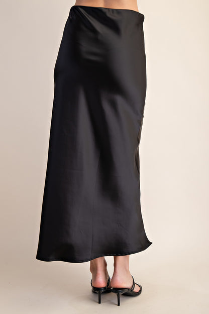 Black Sally Satin Midi Skirt; midi length, satin finish. Available in sizes XS–XL.