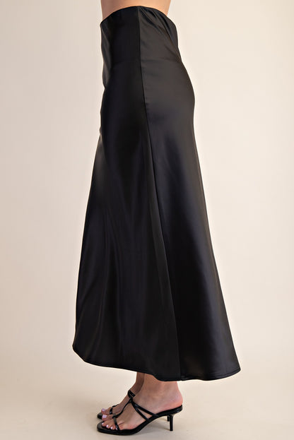 Sally Satin Midi Skirt, smooth finish and mid-length. Available in sizes XS–XL.