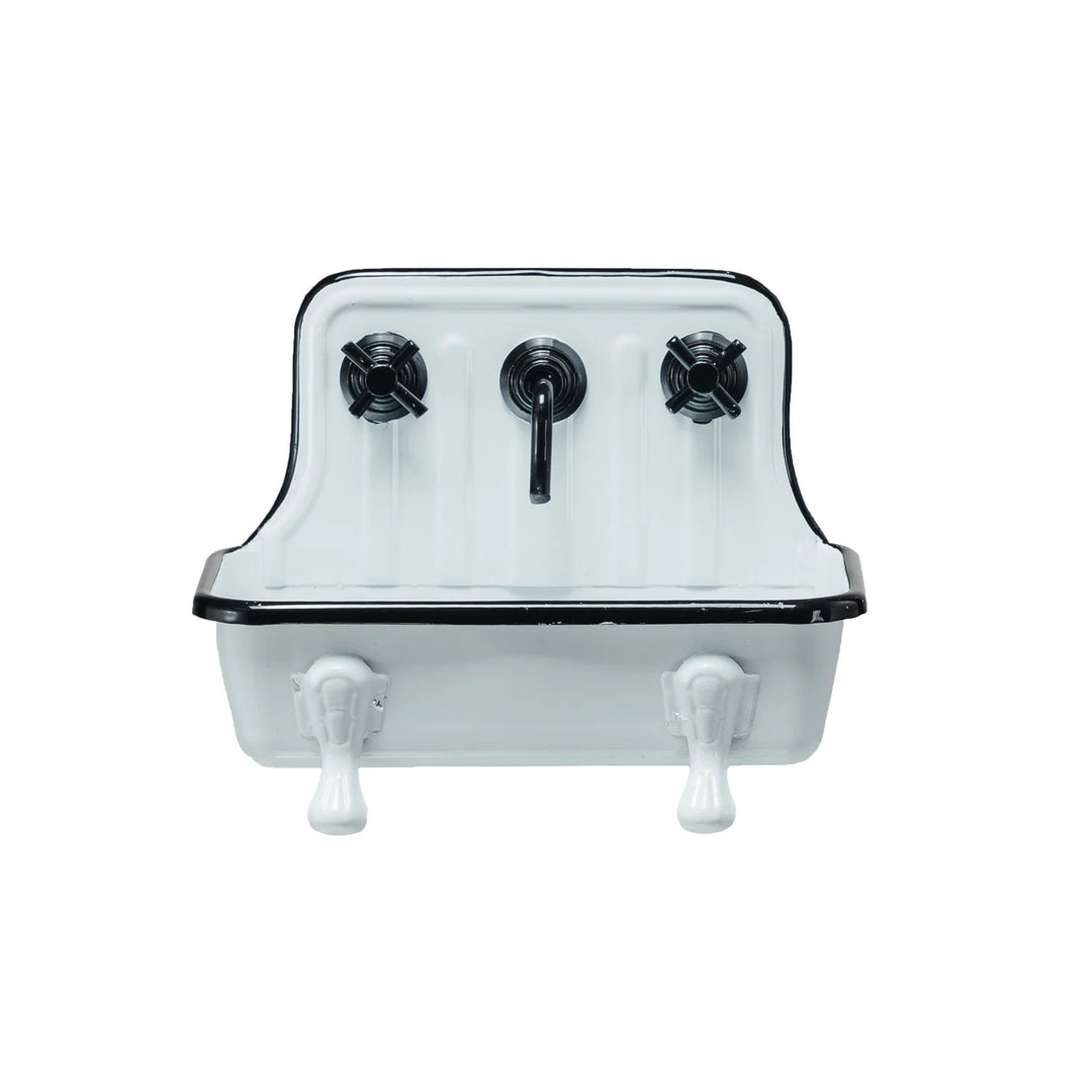 White vintage metal sink-shaped soap dish with high back, black trim, two faucets. Available in small and large sizes.