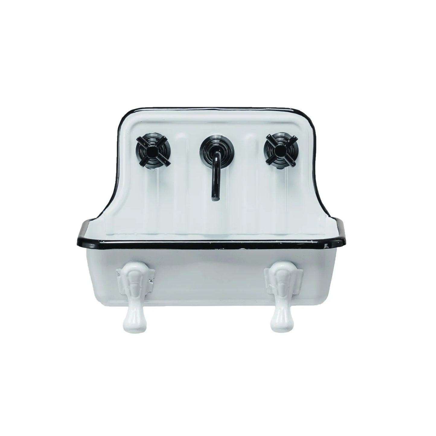White vintage metal sink-shaped soap dish with high back, black trim, two faucets. Available in small and large sizes.