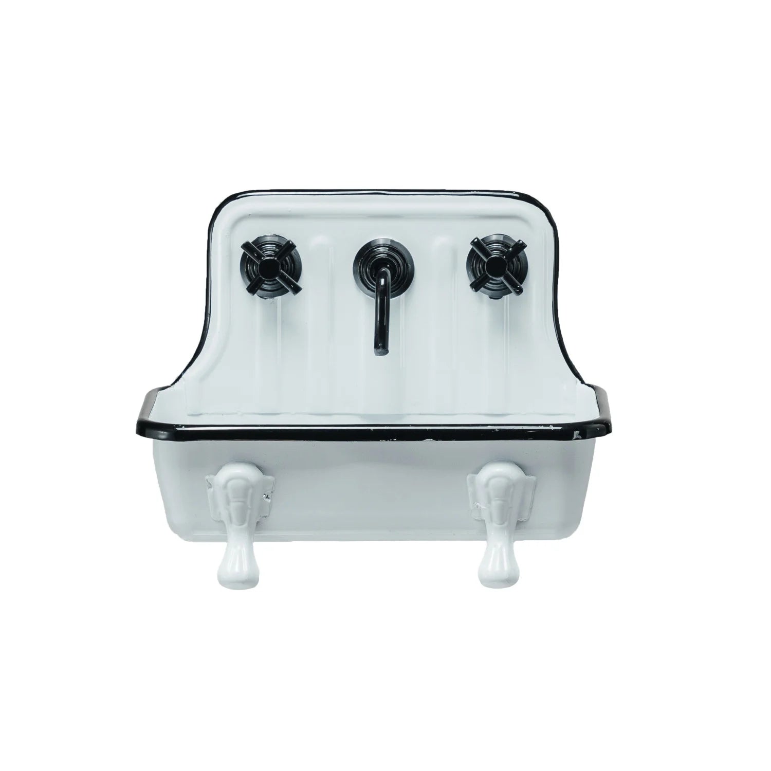 White vintage metal sink-shaped soap dish with high back, black trim, two faucets. Available in small and large sizes.