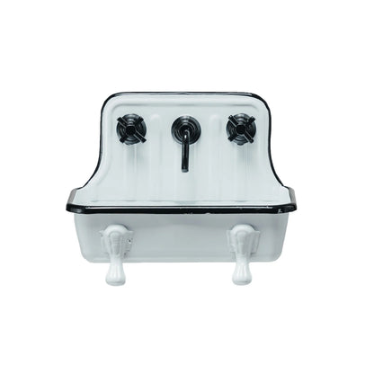 White vintage metal sink-shaped soap dish with high back, black trim, two faucets. Available in small and large sizes.