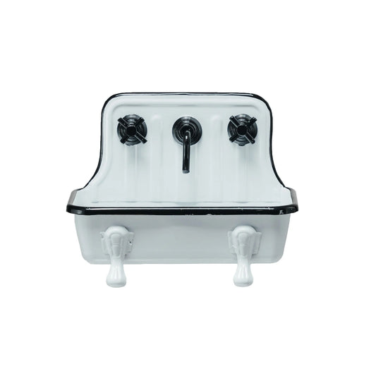 White vintage metal sink-shaped soap dish with high back, black trim, two faucets. Available in small and large sizes.