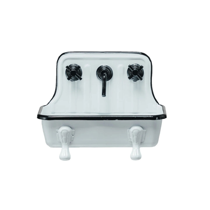 White vintage metal sink-shaped soap dish with high back, black trim, two faucets. Available in small and large sizes.