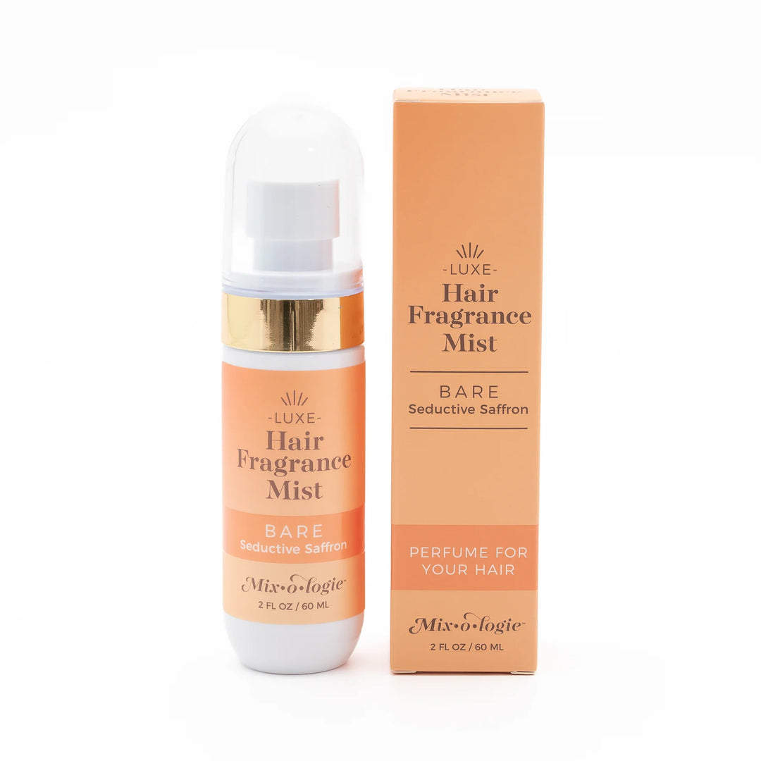 Mix•o•logie Luxe Hair Fragrance Mist, Bare Seductive Saffron, 2 fl oz (60 mL), white/peach with gold accents.