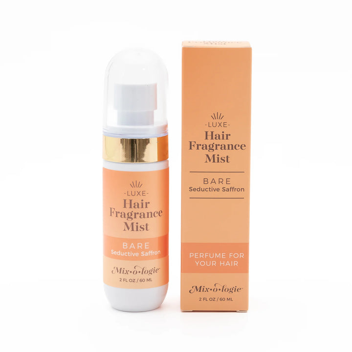 Mix•o•logie Luxe Hair Fragrance Mist, Bare Seductive Saffron, 2 fl oz (60 mL), white/peach with gold accents.