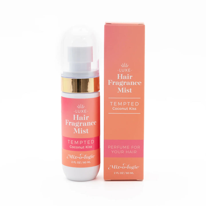 Hair Fragrance Mist, Tempted Coconut Kiss, 2 fl oz (60 ml), lightweight formula, tropical scent, labeled "Perfume for your hair.