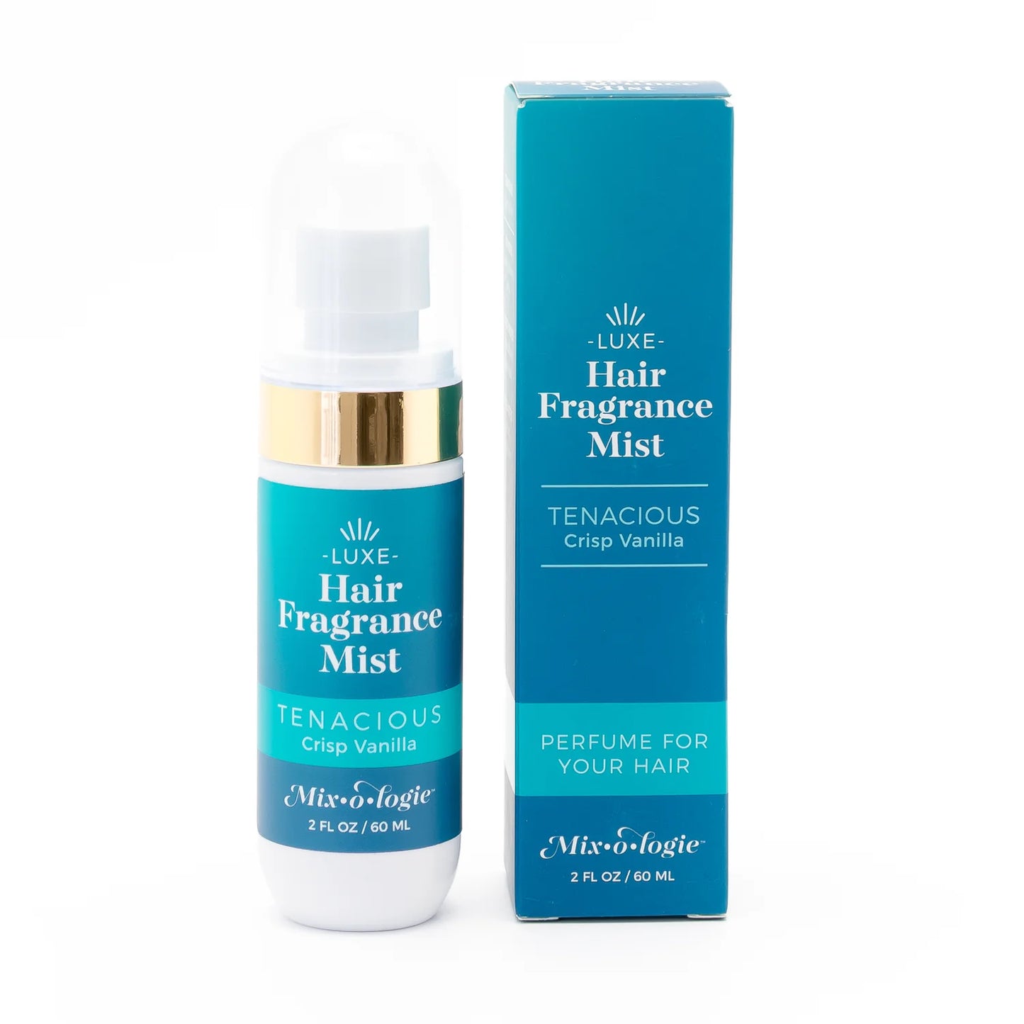 2 fl oz (60 ml) Tenacious Crisp Vanilla Hair Fragrance Mist in teal, white, and gold packaging; lightweight and fresh.
