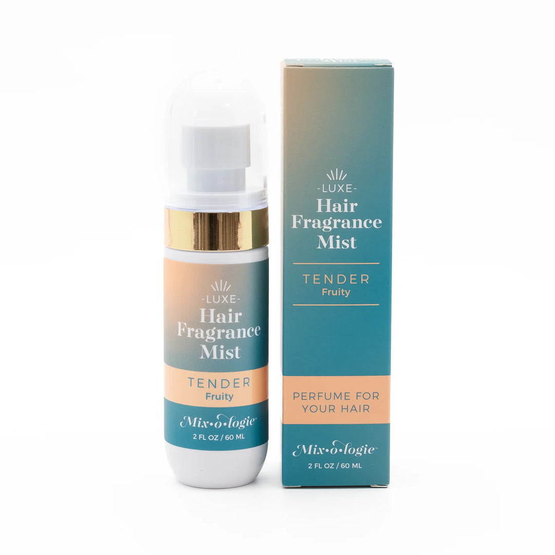 Mixologie Luxe Hair Fragrance Mist, Tender Fruity, 2 fl oz (60 mL) gold-accented bottle, gradient box labeled for hair.