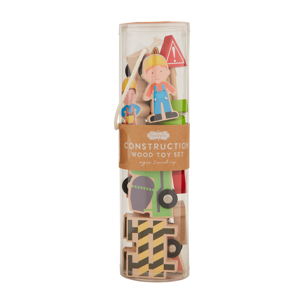 Construction Wood Toy Set with vehicles, worker, wheels, signs, and barriers in clear container. Ages 3+ months. Sizes not specified.