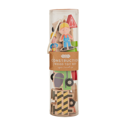 Construction Wood Toy Set with vehicles, worker, wheels, signs, and barriers in clear container. Ages 3+ months. Sizes not specified.