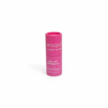 Bright pink cylindrical Keychain Mini Rollerball Perfume container. Available in 5ml and 10ml sizes.