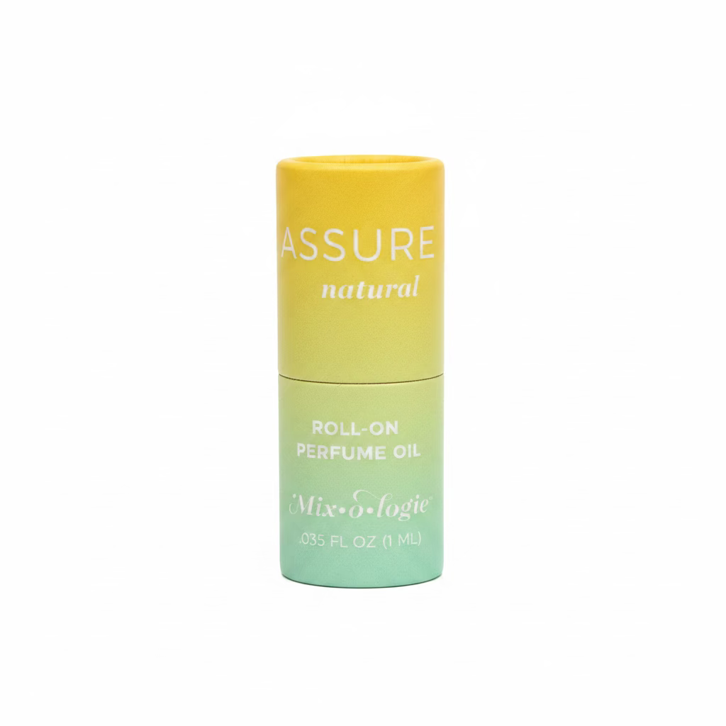 Cylindrical Keychain Mini Rollerball Perfume, yellow-green gradient, labeled "ASSURE natural," size 0.035 FL OZ (1 ML).