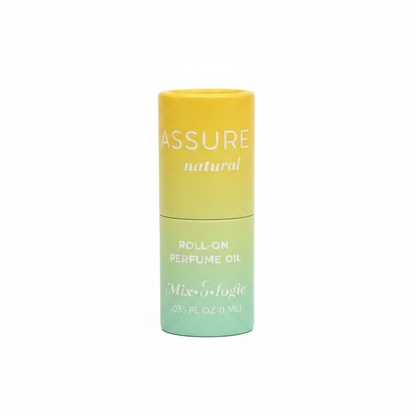 Cylindrical Keychain Mini Rollerball Perfume, yellow-green gradient, labeled "ASSURE natural," size 0.035 FL OZ (1 ML).