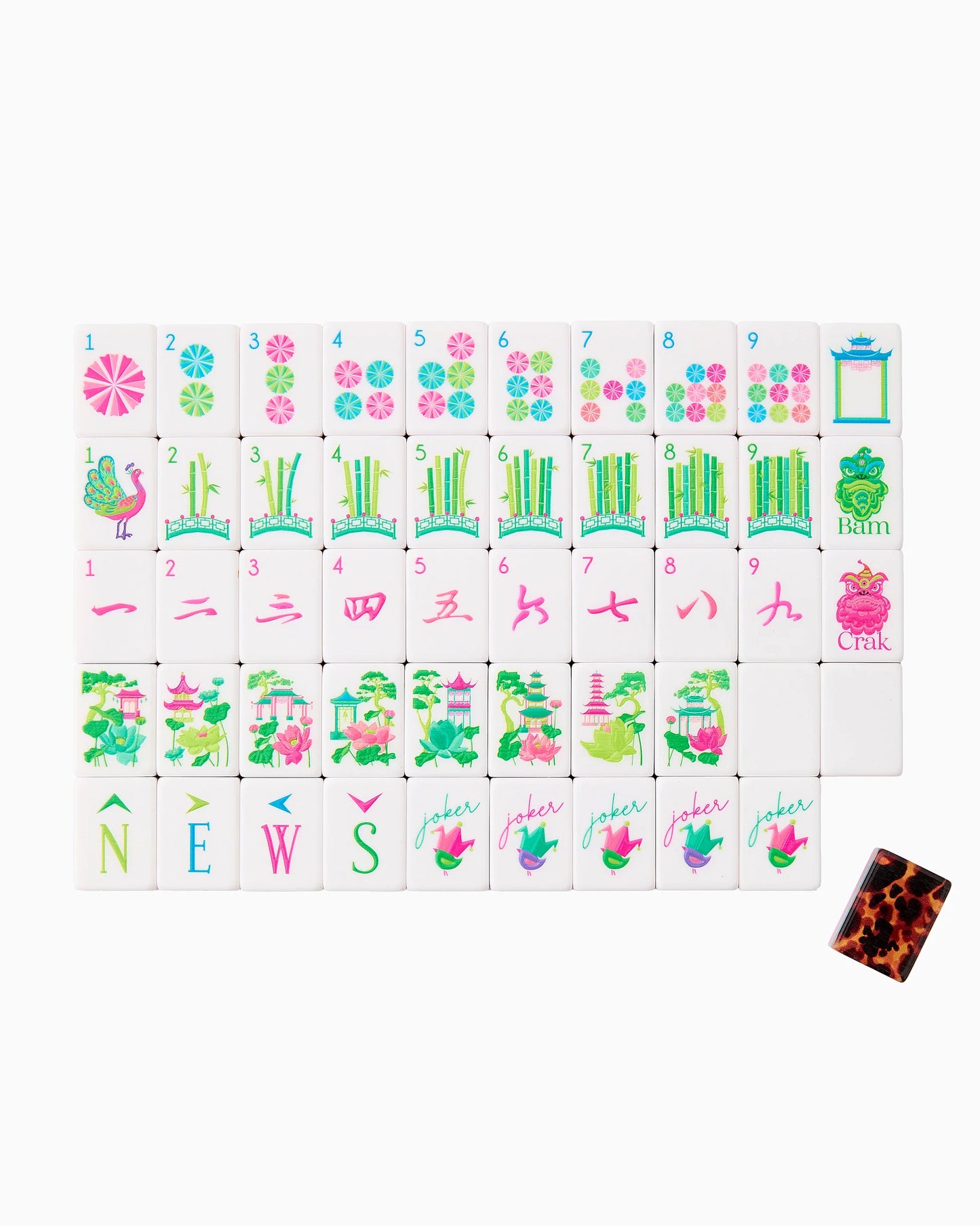 Glow Wild Mahjong Tiles set includes modern tiles—numbered tiles, flower tiles, jokers, and a dice. Available in standard size.
