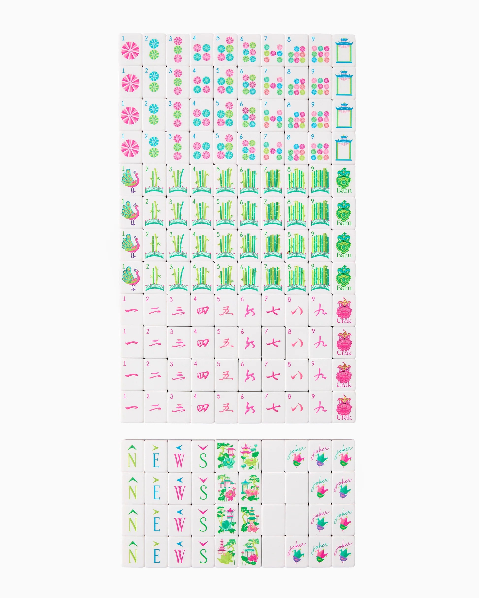 Glow Wild Mahjong Tiles set in green, pink, and blue with flowers, bamboo, characters, winds, and dragons patterns; available in standard tile size.