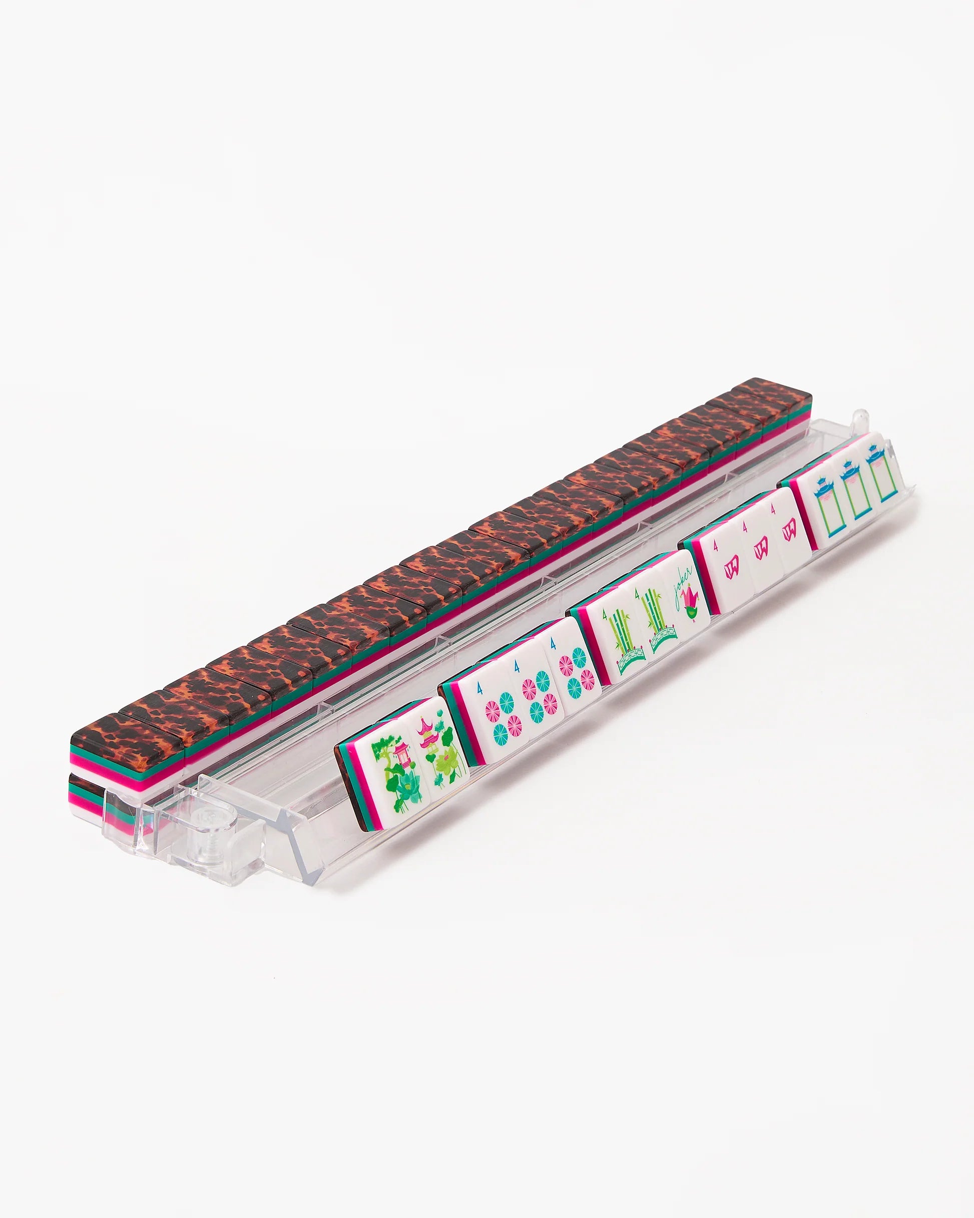Glow Wild Mahjong Tiles with vibrant, colorful designs are displayed upright in a clear rack. Available in standard and large sizes.