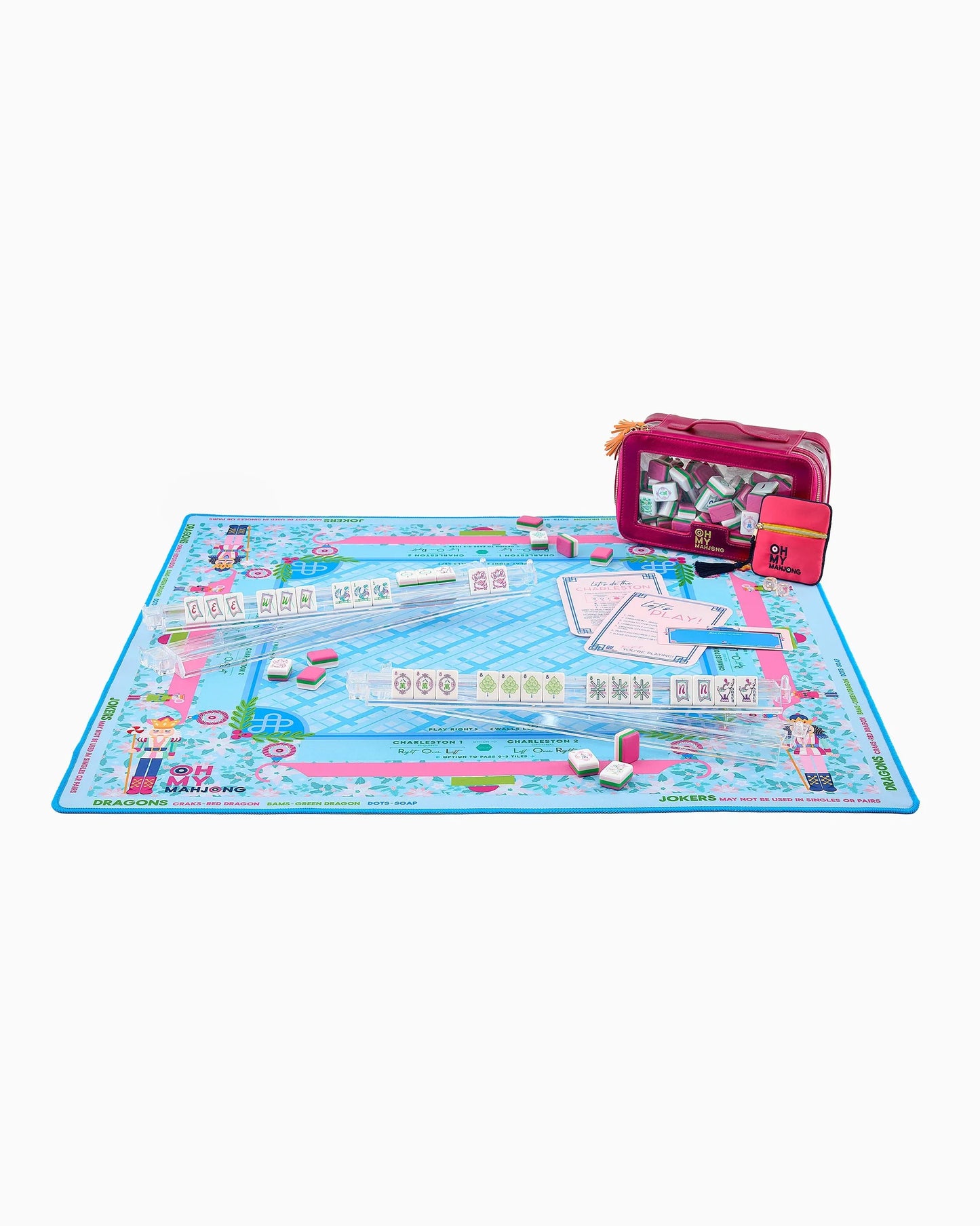 Mahjong Sugarplum Mat in turquoise and pink with holiday theme, includes cards, dice, tiles, play money, and a clear pink zippered carrying case. Available in multiple sizes.