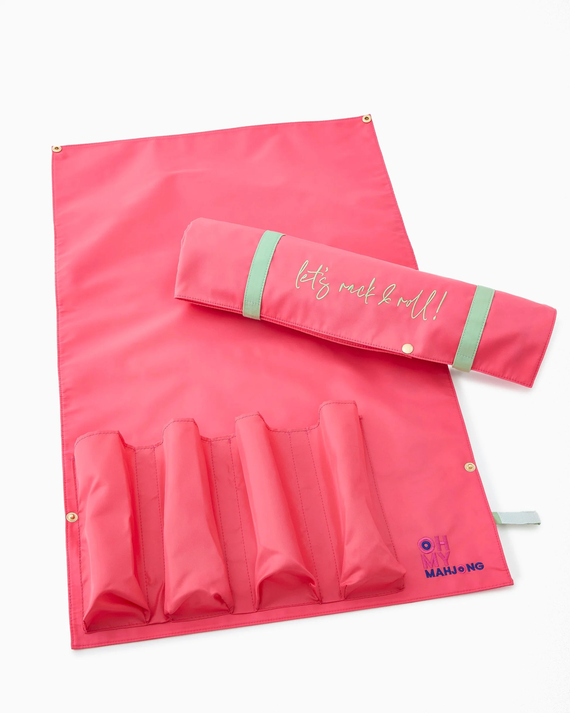 Strawberry Pink Let’s Rack & Roll Bag: a vibrant roll-up storage bag with "let's rack & roll!" script, multiple pockets, and mint-green straps. Fits OMM 18.5" Rack & Pusher Sets.