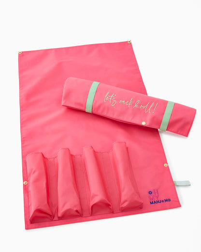 Strawberry Pink Let’s Rack & Roll Bag: a vibrant roll-up storage bag with "let's rack & roll!" script, multiple pockets, and mint-green straps. Fits OMM 18.5" Rack & Pusher Sets.