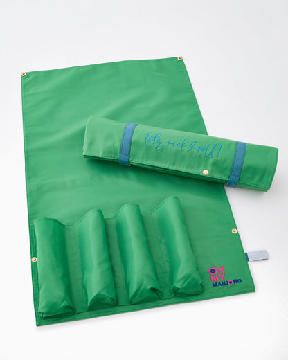Kelly Green Let’s Rack and Roll Bag: compact mahjong mat organizer in vibrant green fabric with built-in tile holders, embroidered blue “let’s rack & roll!” phrase, and “OH MY MAHJONG” in pink and blue on the bottom right. Size: 18.5" wide.