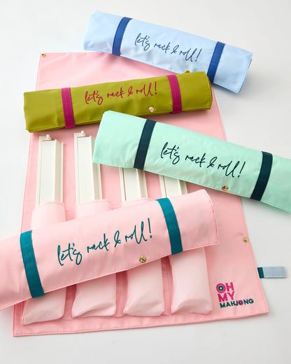 Set of four colorful Mint Let’s Rack and Roll Bags, each labeled "let's rock & roll!" and designed to store Mahjong racks; available in multiple sizes.