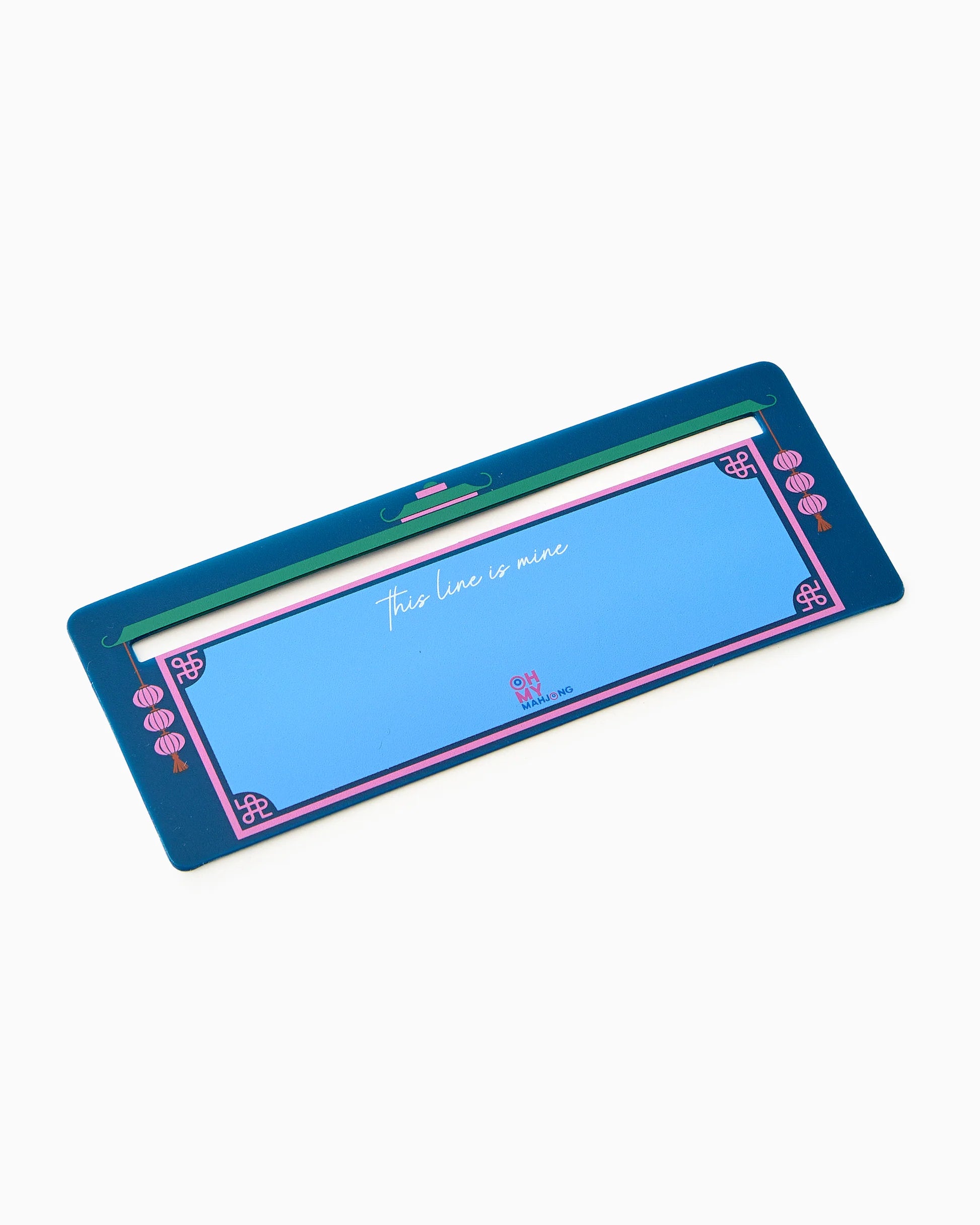 Rectangular blue Mahjong Line Finder with pink and green borders, featuring “this line is mine” in white cursive at the center. Available in multiple sizes.