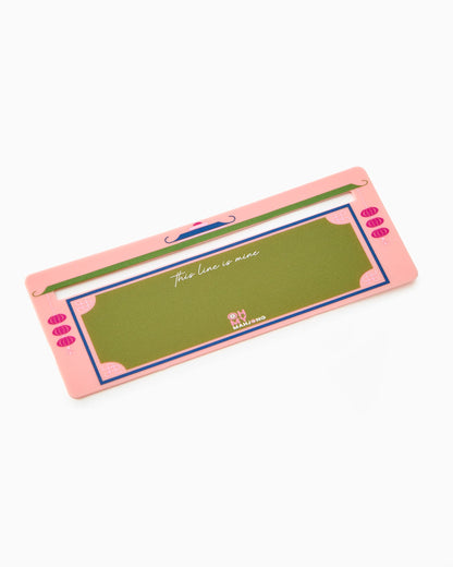 Rectangular pink and green Mahjong Line Finder desk pad with "This lane is mine" in white cursive at the top center and Mahjong-inspired decorative edges; available in multiple sizes.