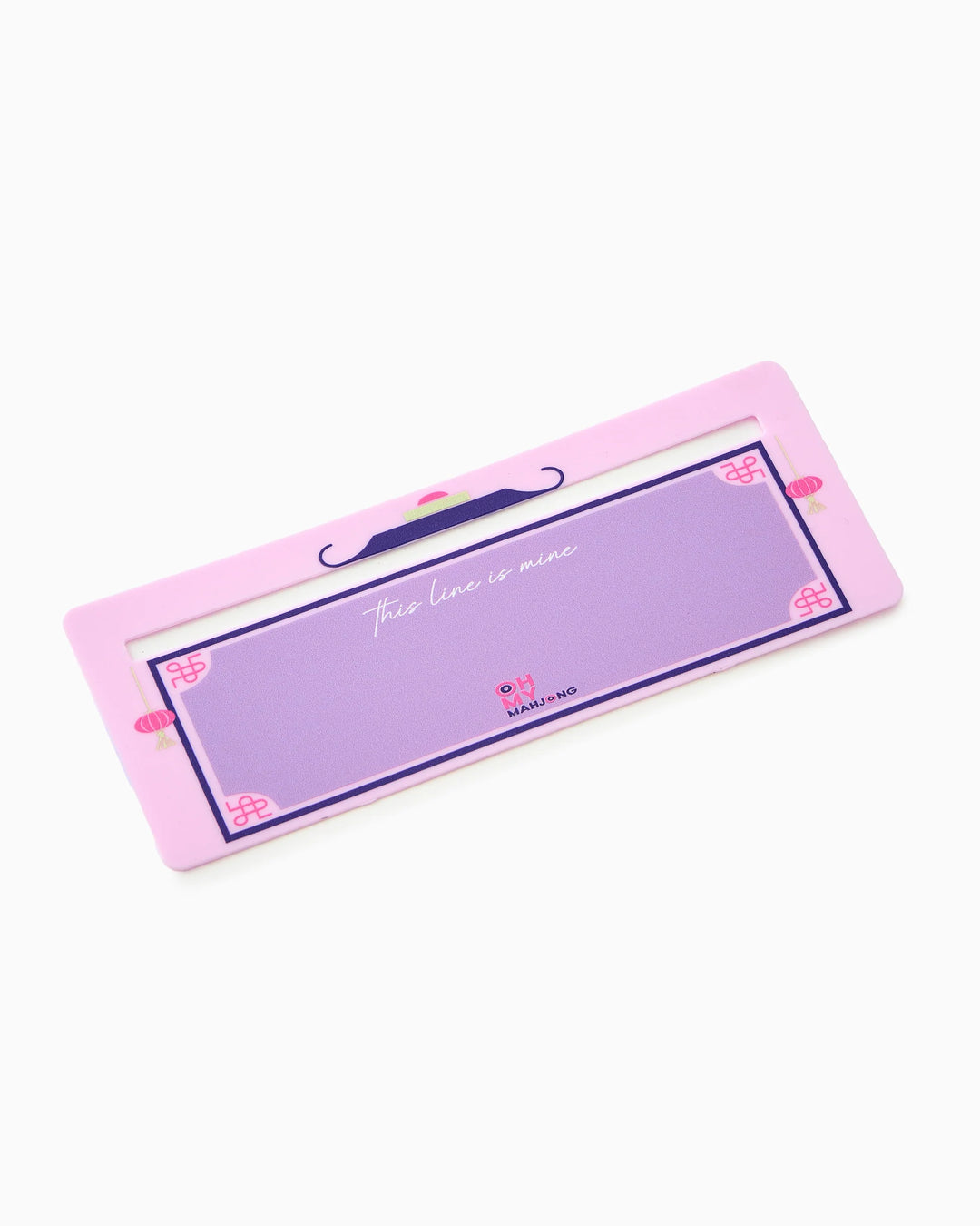 Rectangular Mahjong Line Finder in pink and purple with a mustache graphic and the phrase “This line is mine” in cursive, available in multiple sizes.
