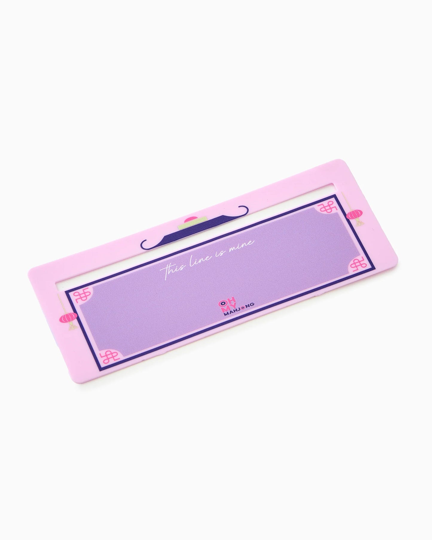 Rectangular Mahjong Line Finder in pink and purple with a mustache graphic and the phrase “This line is mine” in cursive, available in multiple sizes.