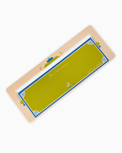 Rectangular desk nameplate with a green and blue design, featuring a yellow mustache and the phrase "This Lane is mine" in white cursive. Available in multiple sizes.