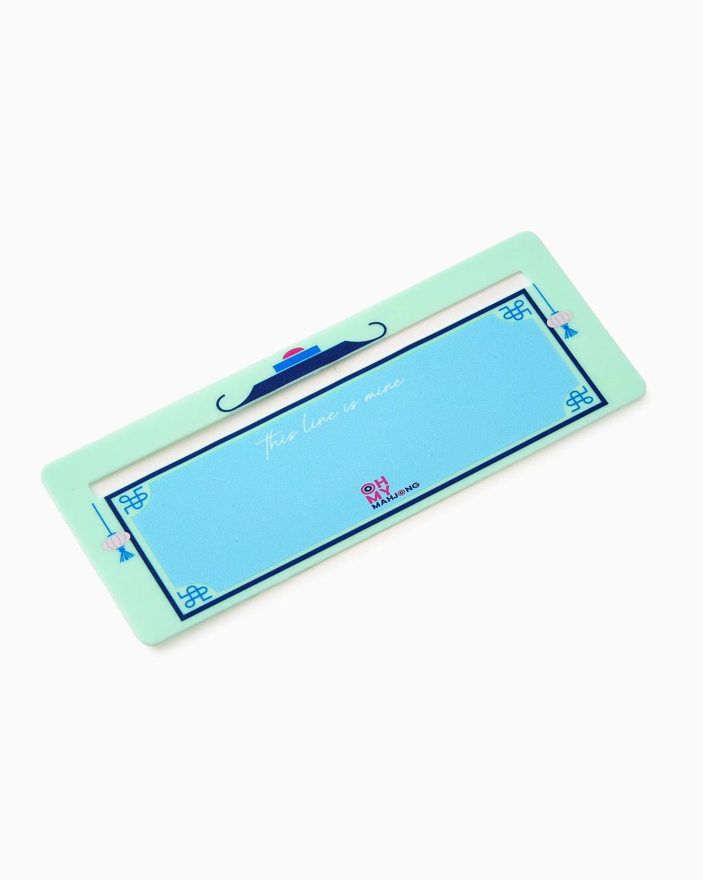 Rectangular pastel green and blue Mahjong Line Finder name tag, with blue borders, whimsical accents, "This line is mine" text, and "Oh! MANGO" logo at the bottom. Available in multiple sizes.