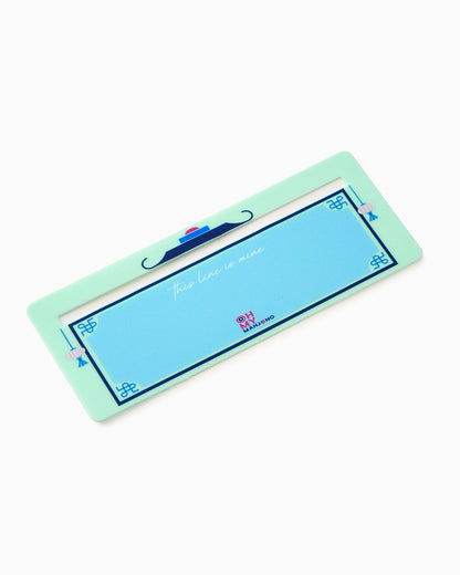 Rectangular pastel green and blue Mahjong Line Finder name tag, with blue borders, whimsical accents, "This line is mine" text, and "Oh! MANGO" logo at the bottom. Available in multiple sizes.