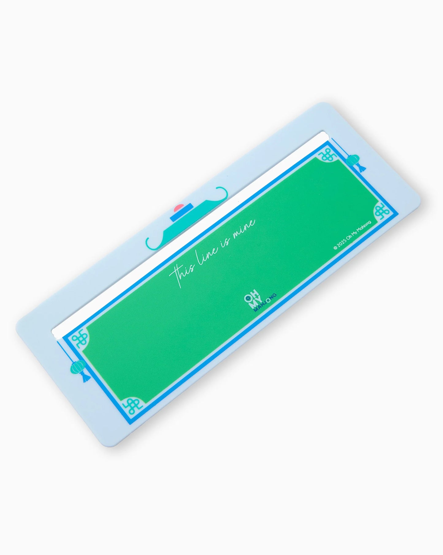 Rectangular bookmark with a green center, blue and white border, and playful blue mustache illustration; features the phrase "this line is mine" in white script. Sizes available: standard and large.