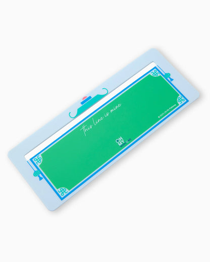 Rectangular bookmark with a green center, blue and white border, and playful blue mustache illustration; features the phrase "this line is mine" in white script. Sizes available: standard and large.