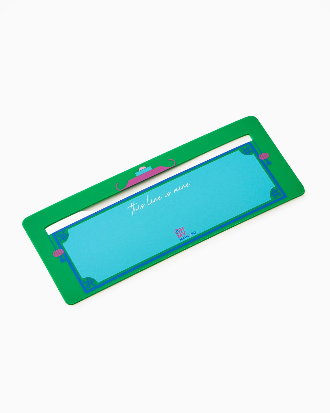 Green, rectangular Mahjong Line Finder with mustache design and a bold blue window in the center, displaying “this line is mine” in white letters. Available sizes: [sizes not specified].