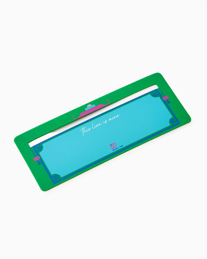 Green, rectangular Mahjong Line Finder with mustache design and a bold blue window in the center, displaying “this line is mine” in white letters. Available sizes: [sizes not specified].