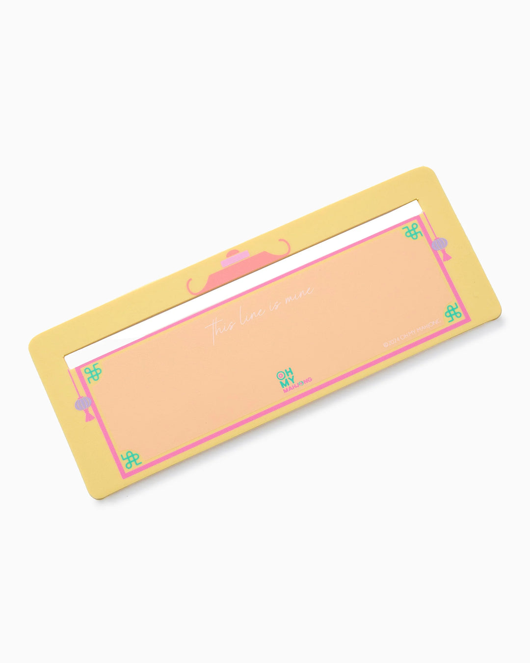 Rectangular pastel pink and yellow Mahjong Line Finder with decorative accents and “This line is mine” in white cursive at the center; available in multiple sizes.