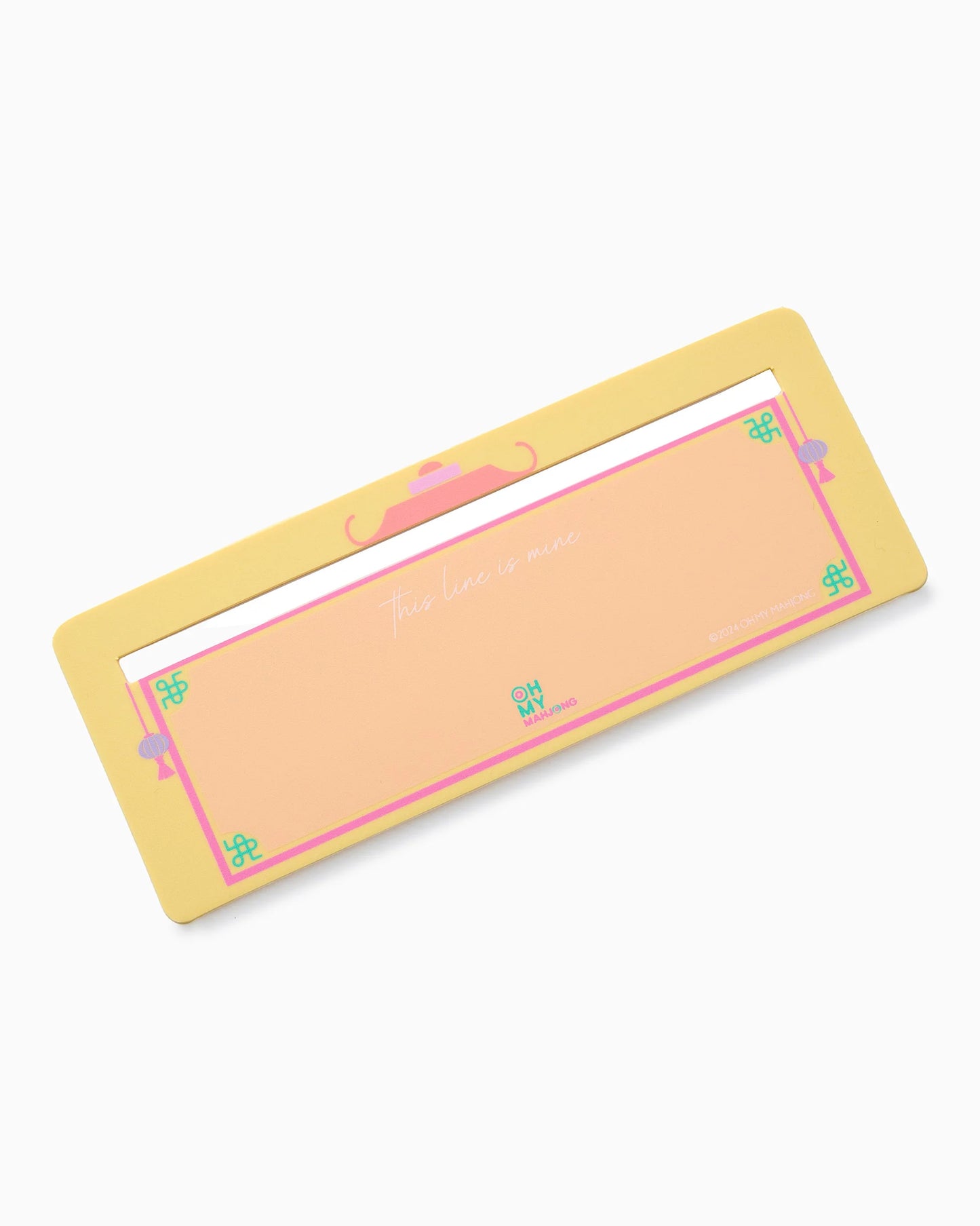 Rectangular pastel pink and yellow Mahjong Line Finder with decorative accents and “This line is mine” in white cursive at the center; available in multiple sizes.