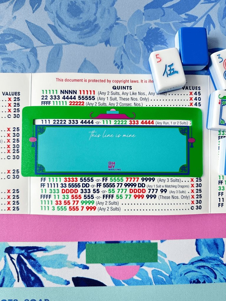 A green Mahjong Line Finder card featuring the phrase “This line is mine” from the National Mah Jongg League. Available sizes: standard playing card size.