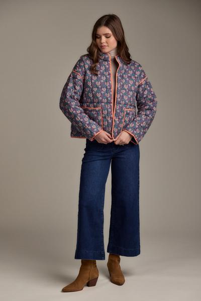 Cher Block Quilted Jacket: patterned cotton, pink trim. Available in XS–XL.