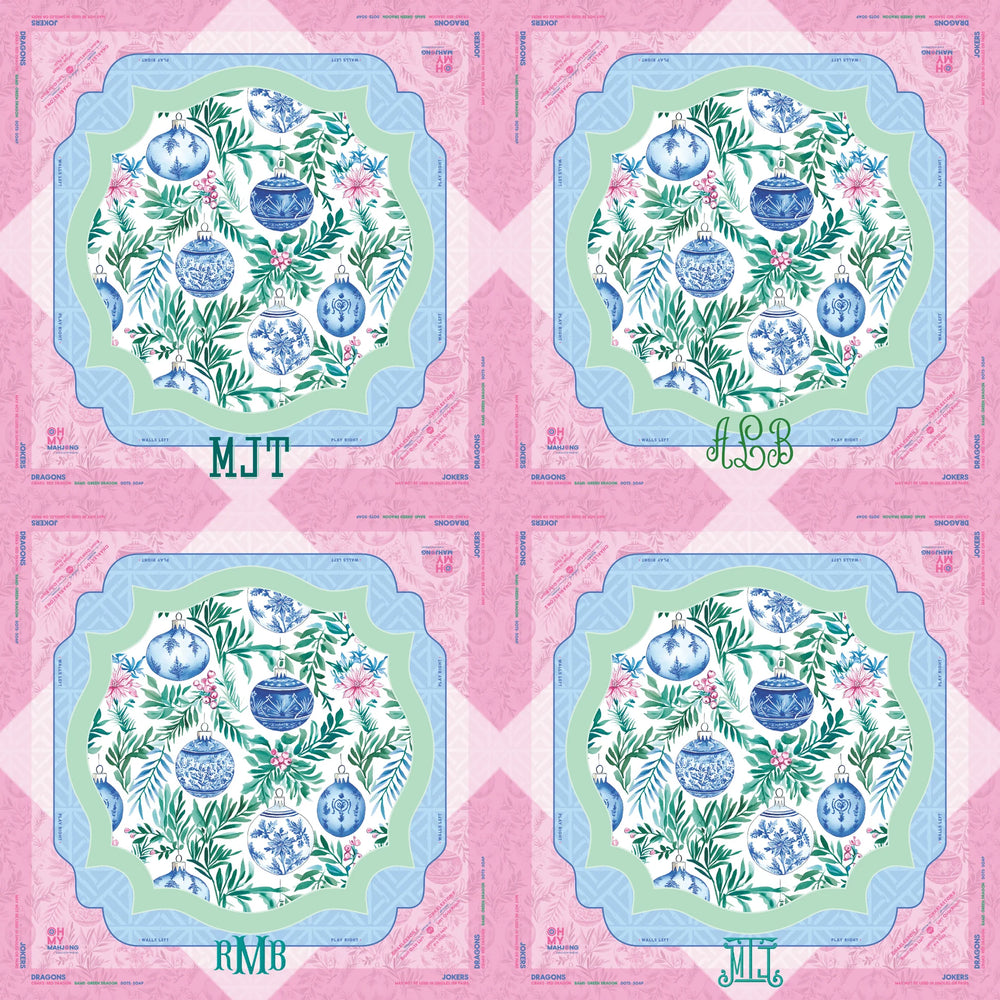 Four decorative plates with blue and green floral designs, each featuring different green initials (MJT, LSB, RMB, JML) at the bottom and surrounded by pink script borders. Available in standard size.