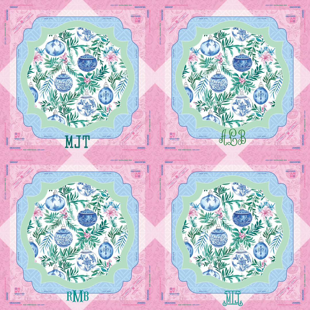 Four decorative plates with blue and green floral designs, each featuring different green initials (MJT, LSB, RMB, JML) at the bottom and surrounded by pink script borders. Available in standard size.