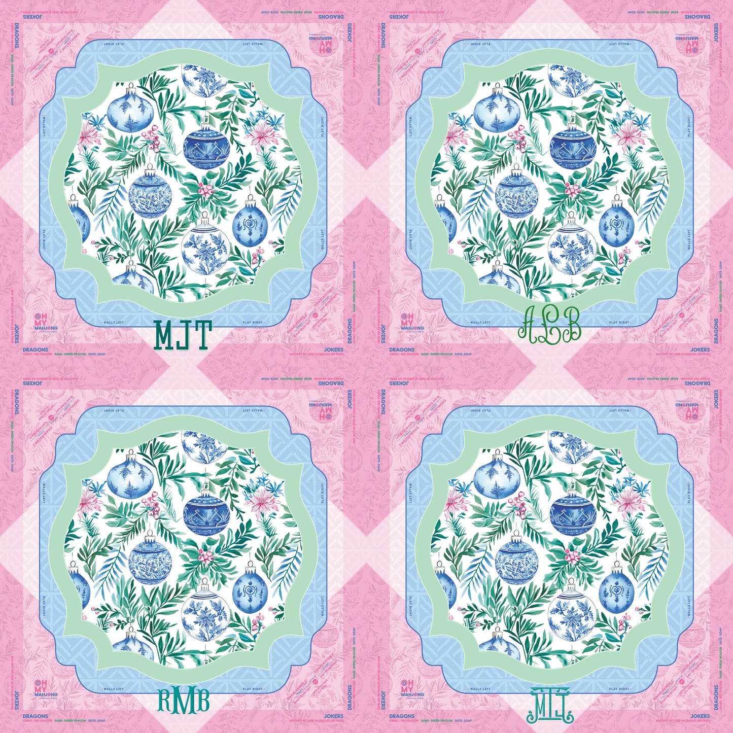 Four decorative plates with blue and green floral designs, each featuring different green initials (MJT, LSB, RMB, JML) at the bottom and surrounded by pink script borders. Available in standard size.